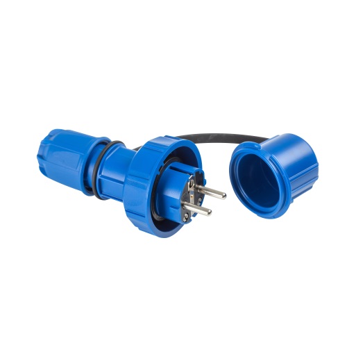 Plugg 2/16+jord IP67 m/lokk blå schuko